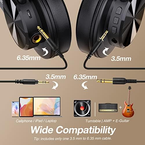 OneOdio A70 Bluetooth Over Ear Headphones, Wireless Headphones w/ 72H  Playtime, Hi-Res, 3.5mm/6.35mm Wired Audio Jack for Studio Monitor & Mixing  DJ
