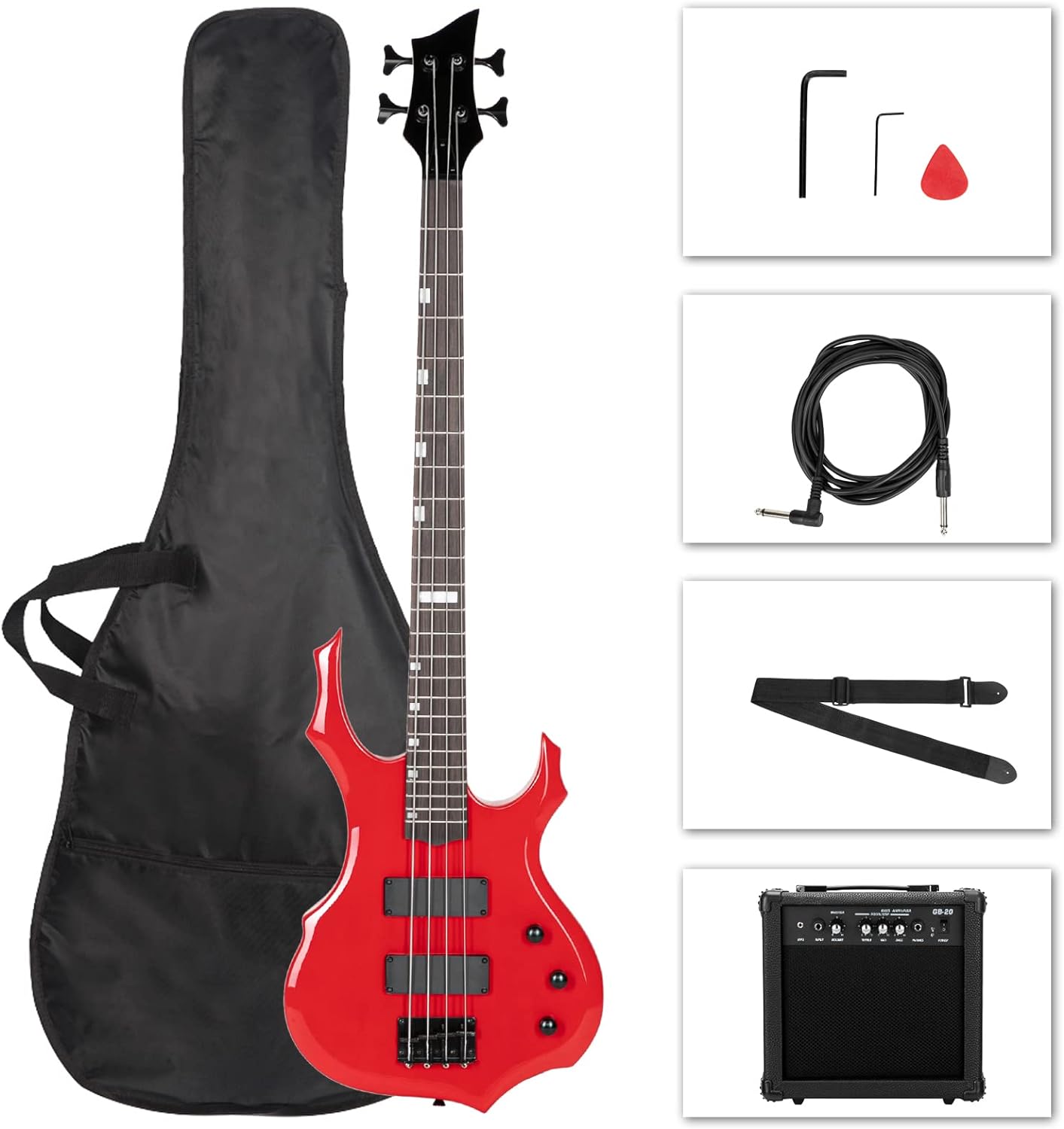 Ktaxon Electric Bass Guitar Full Size Flame Design Bass Set with 20 Watt  Amplifier, Portable Bass Bag, Superior Amp Wire, Adjustable Guitar Strap,  Plectrum, Wrench Tool(Red) - StudioNotesOnline